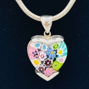 Murano Italy Glass Millefiori Heart Pendant Necklace Sterling Silver 925